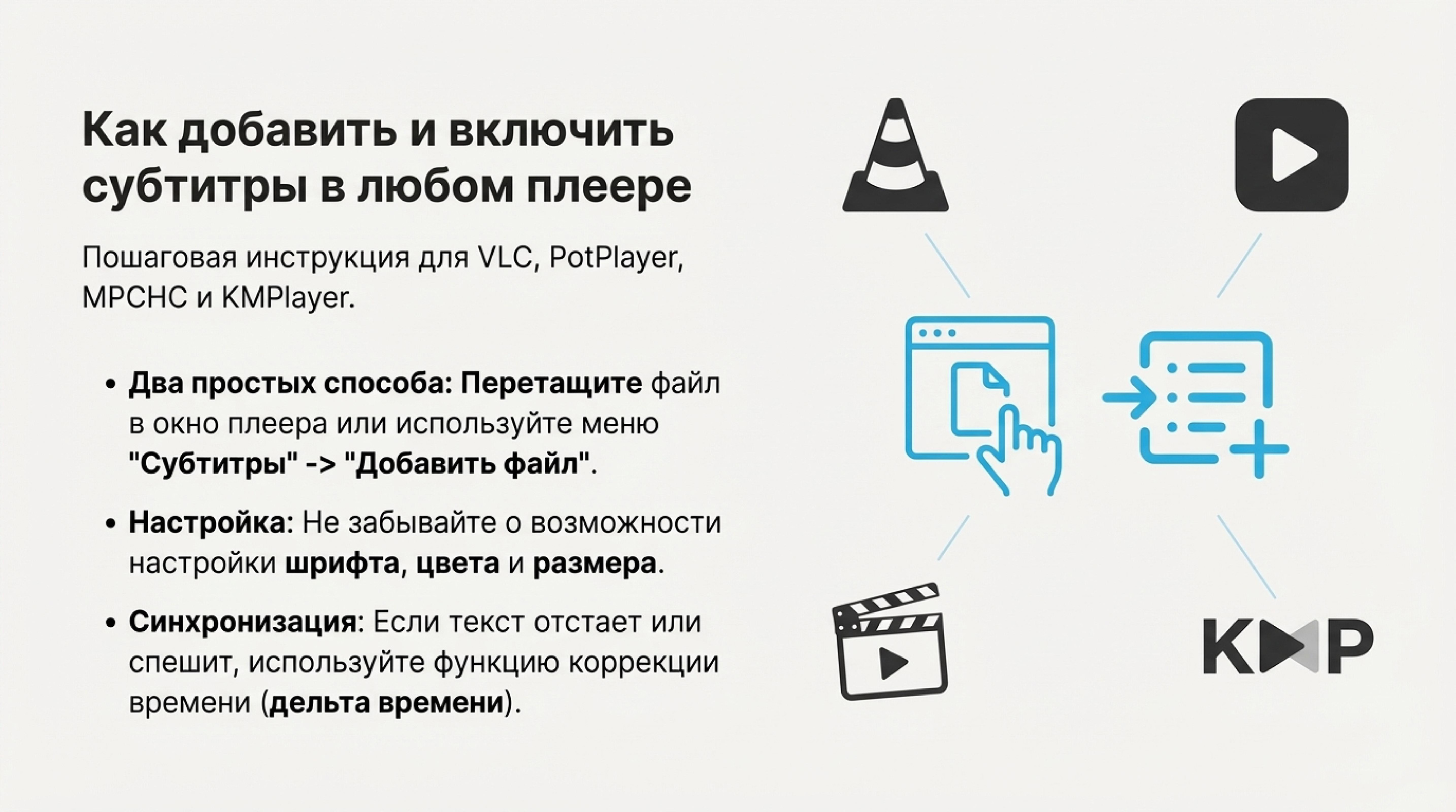 Как включить субтитры и добавить свою дорожку субтитров на популярных видеоплеерах